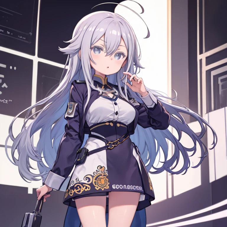 (Little、Littleキャラ、Nendoroid)、Flat Color、Line art、A picture drawn with thick lines、One Girl、Grey Eyes、Grey Hair、Hair between the eyes、Long Hair、Ahoge、(Big Breasts)、Huge breasts、 Blue jacket、Blue Skirt、uniform 、White knee socks、White shirt, Watching the audience、laughing、、Are standing、
