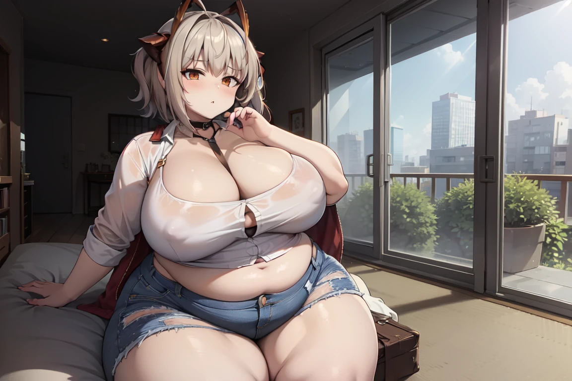 w_arknights, wide hips, torn clothes, massive hips, buttoned shirt, jean shorts, apartment, glass walls, big cleavage