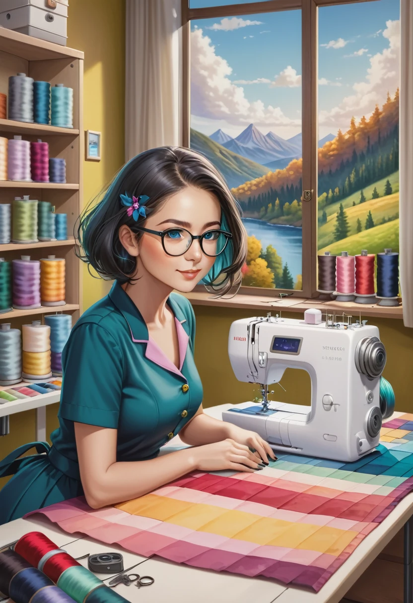 a sewing studio, large beautiful scenery full of colors, with various pockets and seams, a one woman, Grinning, with glasses, black hair, behind a sewing machine,