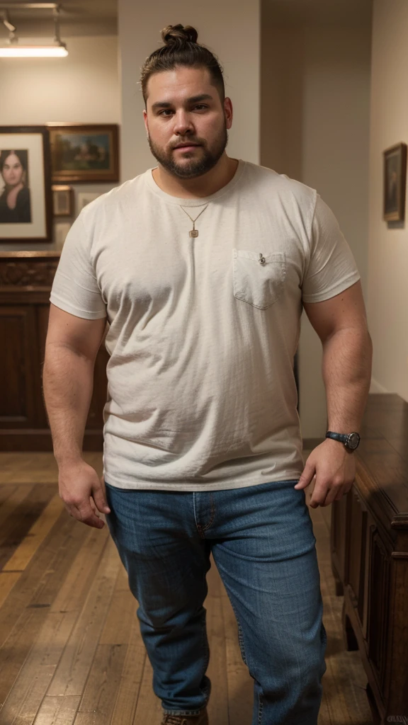 The best quality, Masterpiece, ultra-high-resolution, portrait, (photorealistic:1.4), RAW photo, Handsome manly overweight man, posing in the museum, top knot, with smooth crew neck t-shirt random color basic, jeans jeans, Boots, barba, detailed facial textures