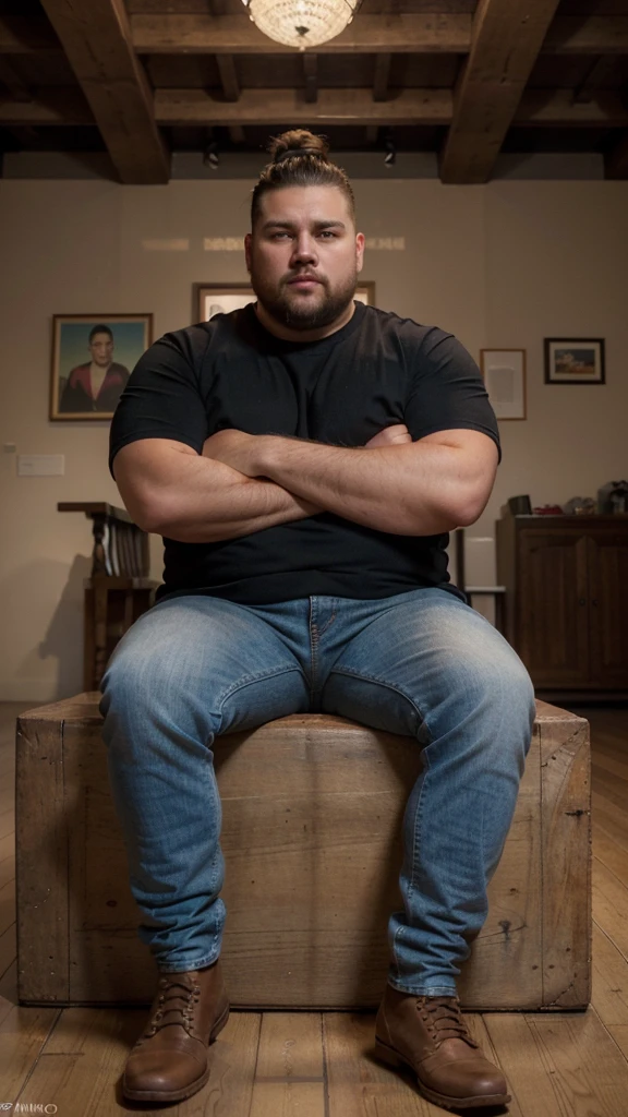 The best quality, Masterpiece, ultra-high-resolution, portrait, (photorealistic:1.4), RAW photo, Handsome manly overweight man, posing in the museum, top knot, with smooth crew neck t-shirt random color basic, jeans jeans, Boots, barba, detailed facial textures