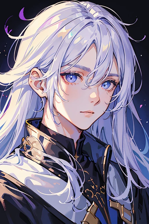 Single male,Handsome,portrait, Occult magic,white hair,long hair, straight hair, light skin, lavender eyes, purple colors, blue colors,white colors,fantasy robes, flowy,The face is surprised,pointed ears, Clear eyes,fantasy,lush forest background, Rich in color,Bust photo,Close-up shot