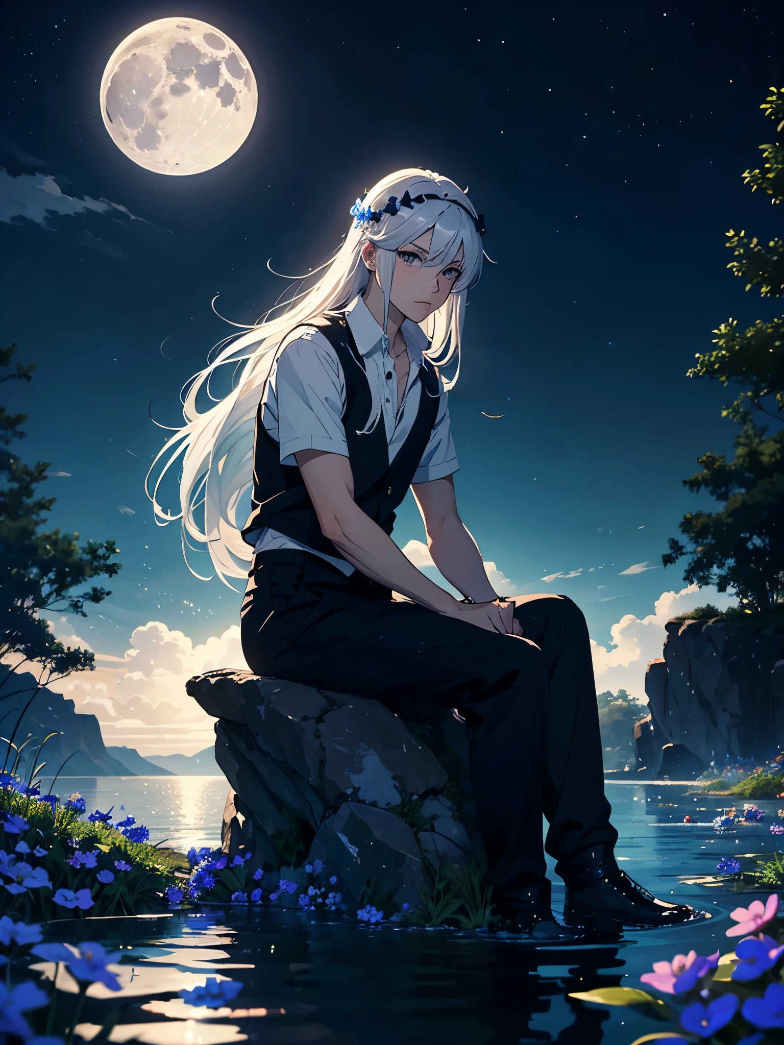Hellblaues licht. Leuchtend
Helles licht. Magisch. Moon. Sitting on a big white wolf. Lightening flowers. More anime. male. Blue flowers. Long hair. long white hair. aquatic, boy, God of the Moon, silver hair accessories, White hair.