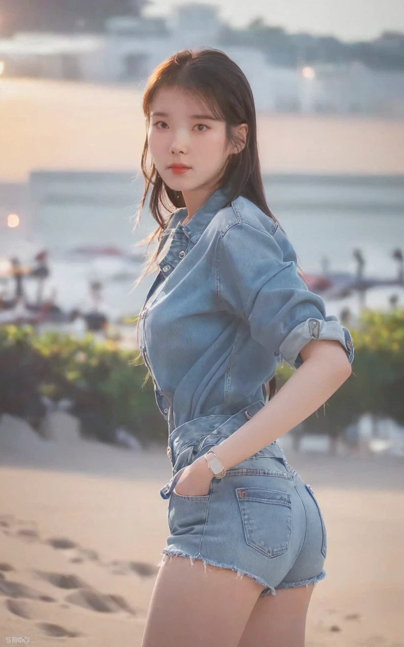a woman in denim shorts posing on the beach at sunset, Lee Ji Eun, hot with shining sun, hwang se - on, casual pose, lee ji-eun, lee ji - eun, gorgeous young korean woman, korean girl, beautiful young korean woman, korean women's fashion model, sakimichan, IU 