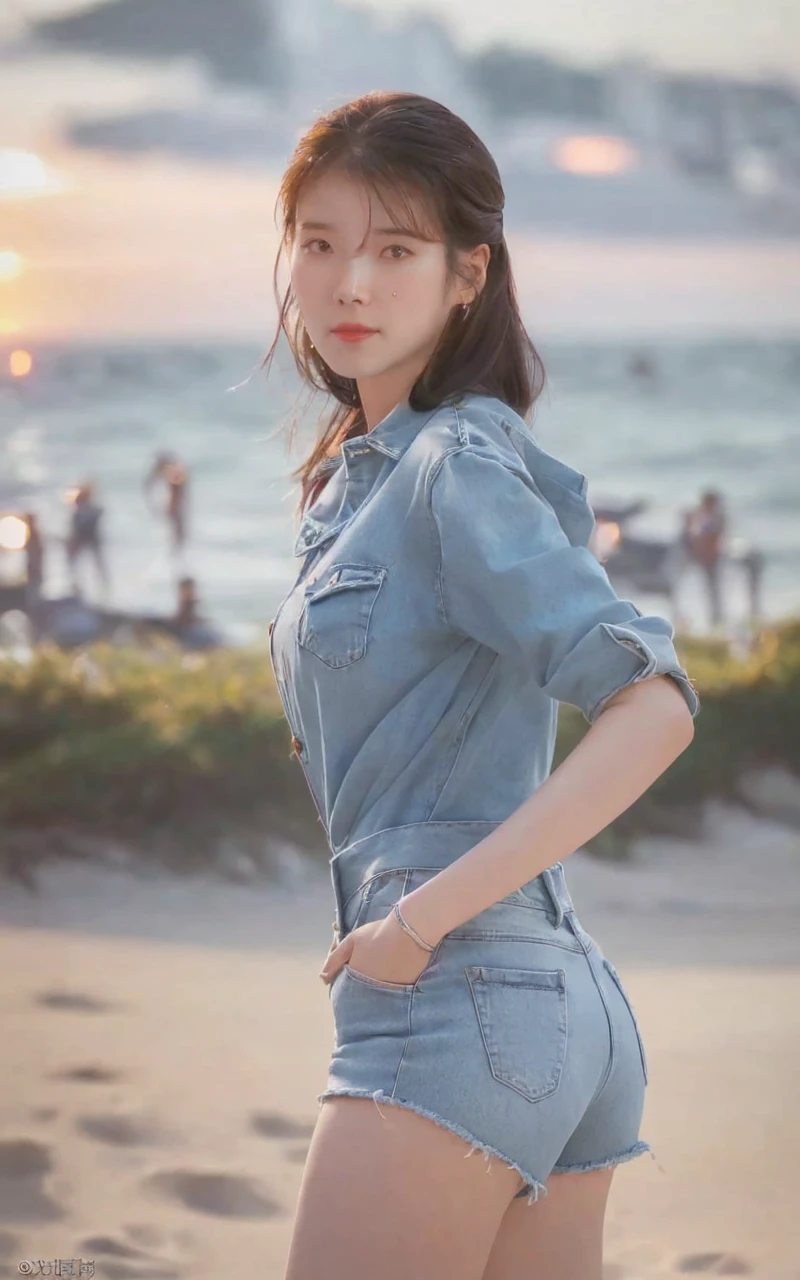 a woman in denim shorts posing on the beach at sunset, Lee Ji Eun, hot with shining sun, hwang se - on, casual pose, lee ji-eun, lee ji - eun, gorgeous young korean woman, korean girl, beautiful young korean woman, korean women's fashion model, sakimichan, IU