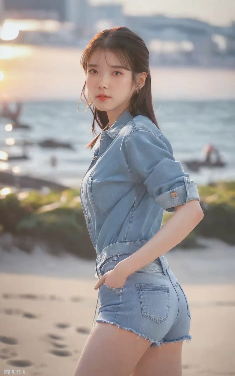 a woman in denim shorts posing on the beach at sunset, Lee Ji Eun, hot with shining sun, hwang se - on, casual pose, lee ji-eun, lee ji - eun, gorgeous young korean woman, korean girl, beautiful young korean woman, korean women's fashion model, sakimichan, IU
