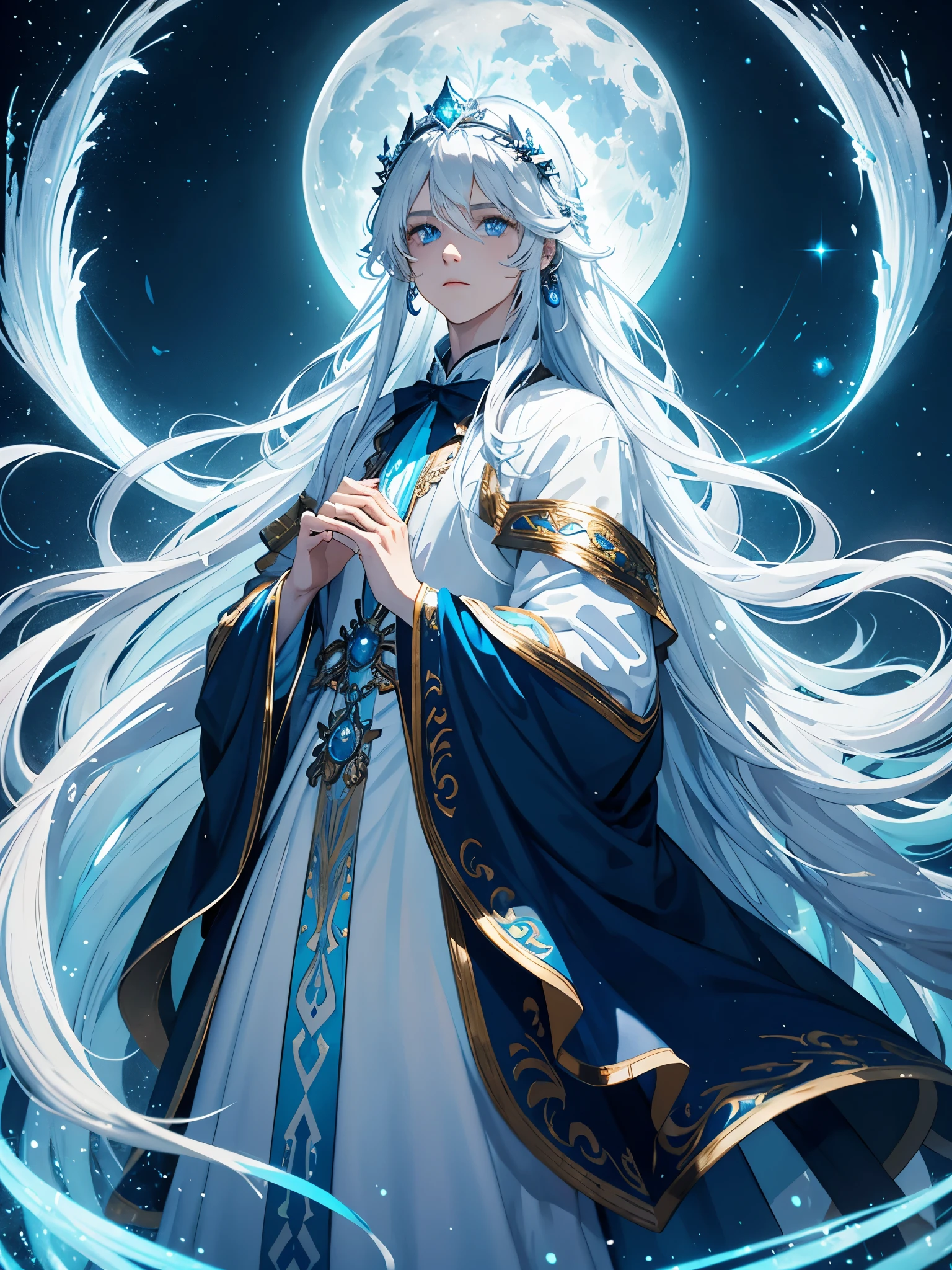 King of the moon. Long hair. long white hair. aquatic, boy, Goddess of the Moon, silver hair accessories, White hair, blue flowers. Blue lights. blue dress, cape, at night, saturated colors, light eyes, bright, light blue light, blue eyes, Jewelry silver