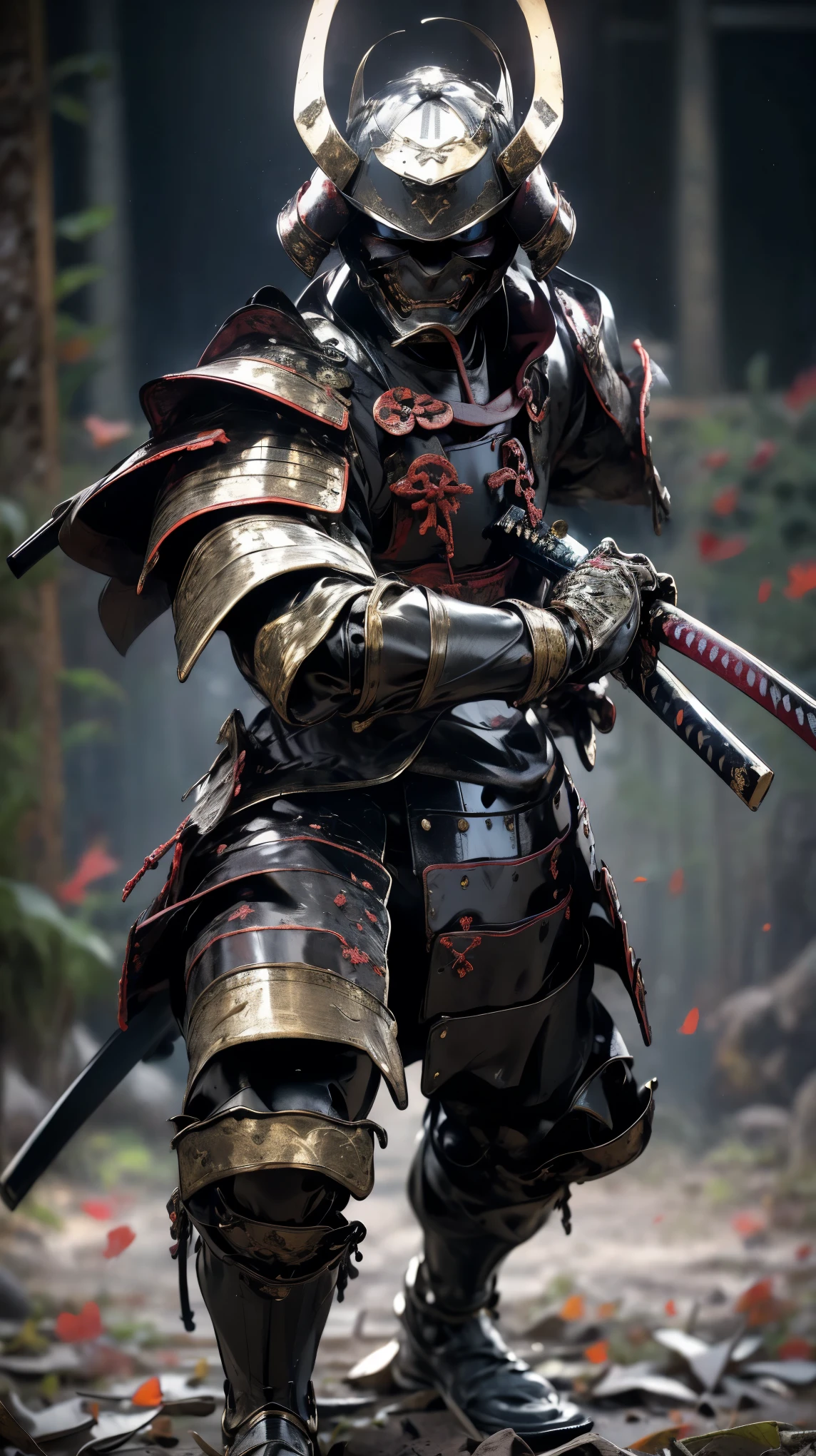 fallen samurai,embers,gloomy and creepy atmosphere,red samurai,dramatic lighting,Cracked red armor, intricate details,a lost battle,Fading glory,ghostly shadows,foggy background,Face under the mask,majestic helmet,a figure,rising smoke,Doomed destiny,gloomy ruins,majestic composition,military honor,loneliness,Firefighting,A sinister presence,ash and smoke,bloody earth,Worn armor,determination,Glyph of Courage,The end of the samurai era,A devastated battlefield, standing in the middle of the battlefield [muted color palette],[Tonos outfits],[Intrusive atmosphere:0.9]