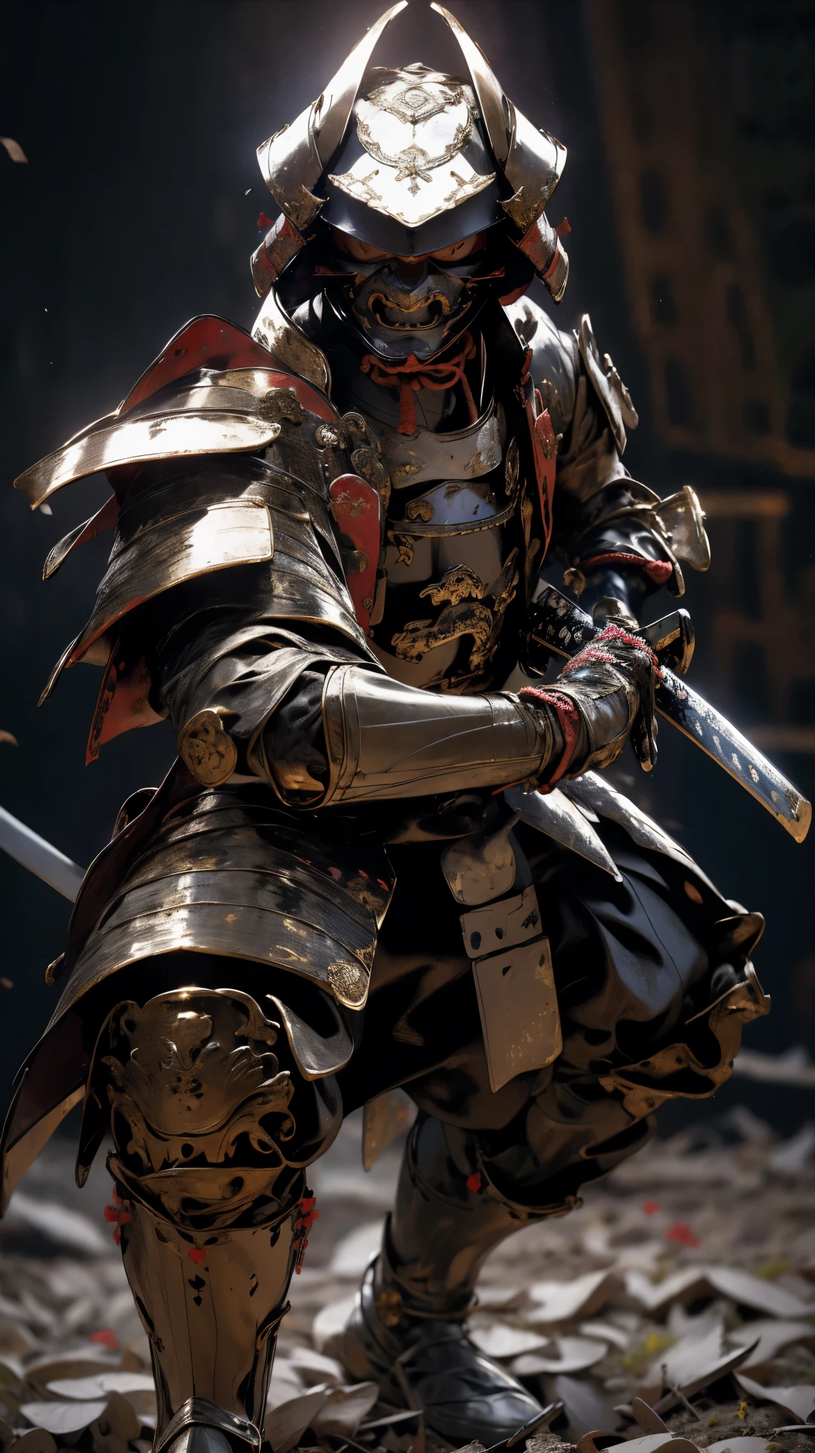 fallen samurai,embers,gloomy and creepy atmosphere,red samurai,dramatic lighting,Cracked red armor, intricate details,a lost battle,Fading glory,ghostly shadows,foggy background,Face under the mask,majestic helmet,a figure,rising smoke,Doomed destiny,gloomy ruins,majestic composition,military honor,loneliness,Firefighting,A sinister presence,ash and smoke,bloody earth,Worn armor,determination,Glyph of Courage,The end of the samurai era,A devastated battlefield, standing in the middle of the battlefield [muted color palette],[Tonos outfits],[Intrusive atmosphere:0.9]