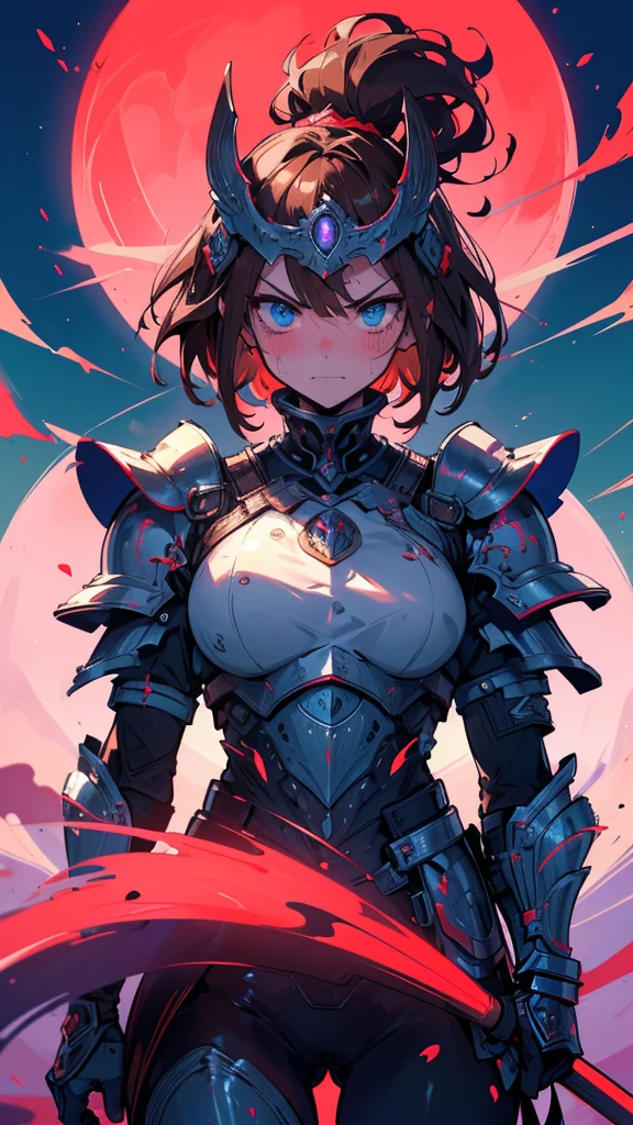 Best quality, Ultra detailed, best quality, insanely detailed, beautiful, masterpiece, 8k, 
break  
(full moon:1.2),  red moon, eye on moon, 
break 
1lady, solo, brown hair, (very short hair:1.2),dragon head shaped helmet ,blue helmet, armor, blue armor, ultra deltailed iris, blue  eyes, ultra detailed eyes, cool eyes, riding yellow ostrich, spear, 
Break
Upper body, from front, evil smile, evil grin, (sharp eye:1.2),(scowl:1.1), (stare at viewer:1.5),  (embarrassed,blush:1.3), ,nsfw,(???????:1.3) ,(slut:1.2),(vulgarity:1.3),(fucked silly:1.1),(steam:1.1),(wet:0.8),(drooling:0.6),(sweat:0.8), 