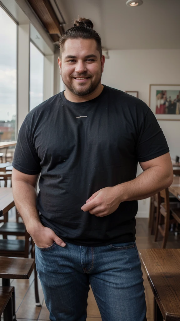 The best quality, Masterpiece, ultra-high-resolution, portrait, (photorealistic:1.4), RAW photo, Handsome manly overweight man, posing in the restaurant, smile, top knot, with smooth crew neck t-shirt random color basic, jeans jeans, Boots, barba, detailed facial textures