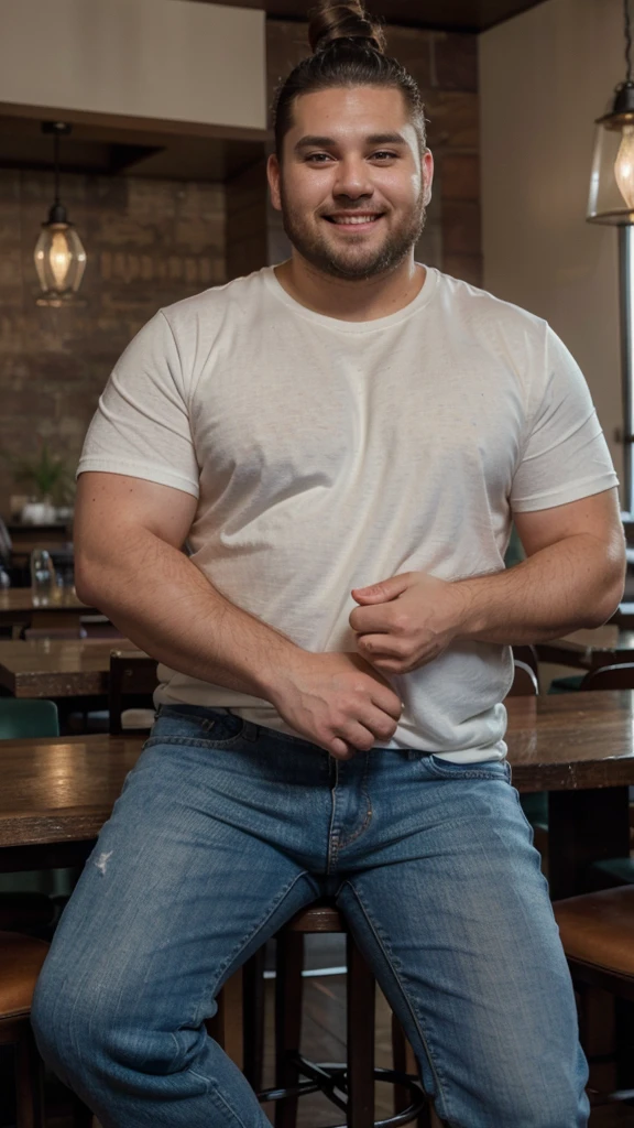 The best quality, Masterpiece, ultra-high-resolution, portrait, (photorealistic:1.4), RAW photo, Handsome manly overweight man, posing in the restaurant, smile, top knot, with smooth crew neck t-shirt random color basic, jeans jeans, Boots, barba, detailed facial textures