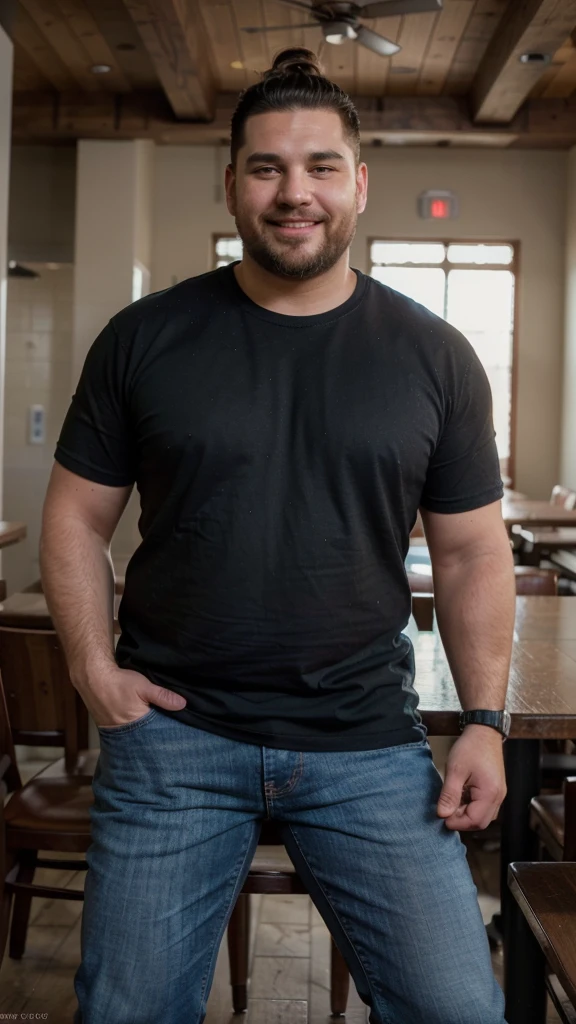 The best quality, Masterpiece, ultra-high-resolution, portrait, (photorealistic:1.4), RAW photo, Handsome manly overweight man, posing in the restaurant, smile, top knot, with smooth crew neck t-shirt random color basic, jeans jeans, Boots, barba, detailed facial textures