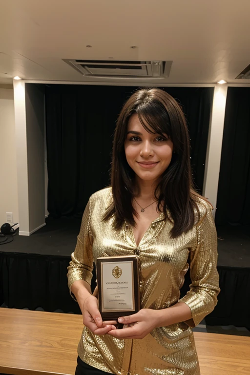 She has won an award for her hard work. 