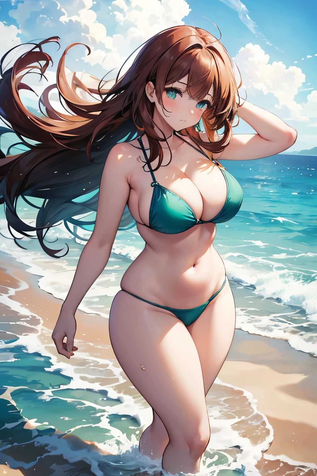 Masterpiece, top-quality, high resolution, anime style, a voluptuous woman, her curvaceous figure accentuated by a vibrant bikini, sun-kissed skin glistening under the golden rays of the beach sun. The bikini top showcases her ample cleavage, while the bottom hugs her voluptuous hips and highlights her shapely posterior. The sand beneath her toes is outlined in sharp detail, the waves crashing in the background adding depth and motion to the scene. The water reflects the sparkle in her emerald green eyes, her long, wavy auburn hair blowing gently in the breeze. The overall effect is one of lifelike realism