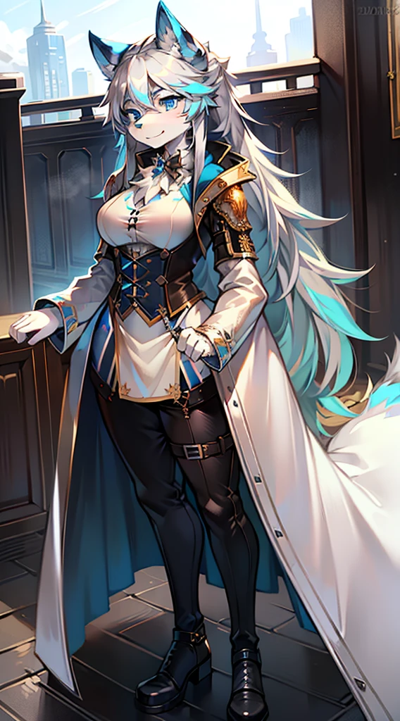 In steampunk style,Big-tailed wolf,blue color eyes,grey long hair,Modern white coat