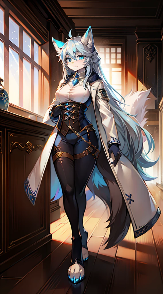 In steampunk style,Big-tailed wolf,blue color eyes,grey long hair,Modern white coat