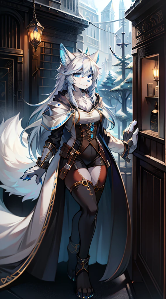 In steampunk style,Big-tailed wolf,blue color eyes,grey long hair,Modern white coat