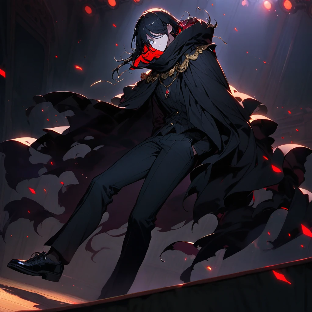 (Well done:1) man, long, straight black hair that covers one of the eyes, white eyes, necklace, black cape that covers a large part of the body with a hood, black pants, black shoes. on the stage of a theater