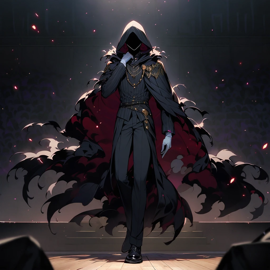 (Well done:1) man, long, straight black hair that covers one of the eyes, white eyes, necklace, black cape that covers a large part of the body with a hood, black pants, black shoes. on the stage of a theater