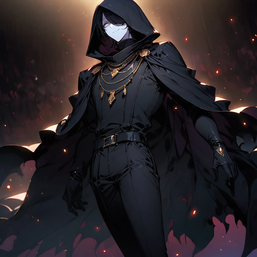 (Well done:1) man, long, straight black hair that covers one of the eyes, white eyes, necklace, black cape that covers a large part of the body with a hood, black pants, black shoes. on the stage of a theater