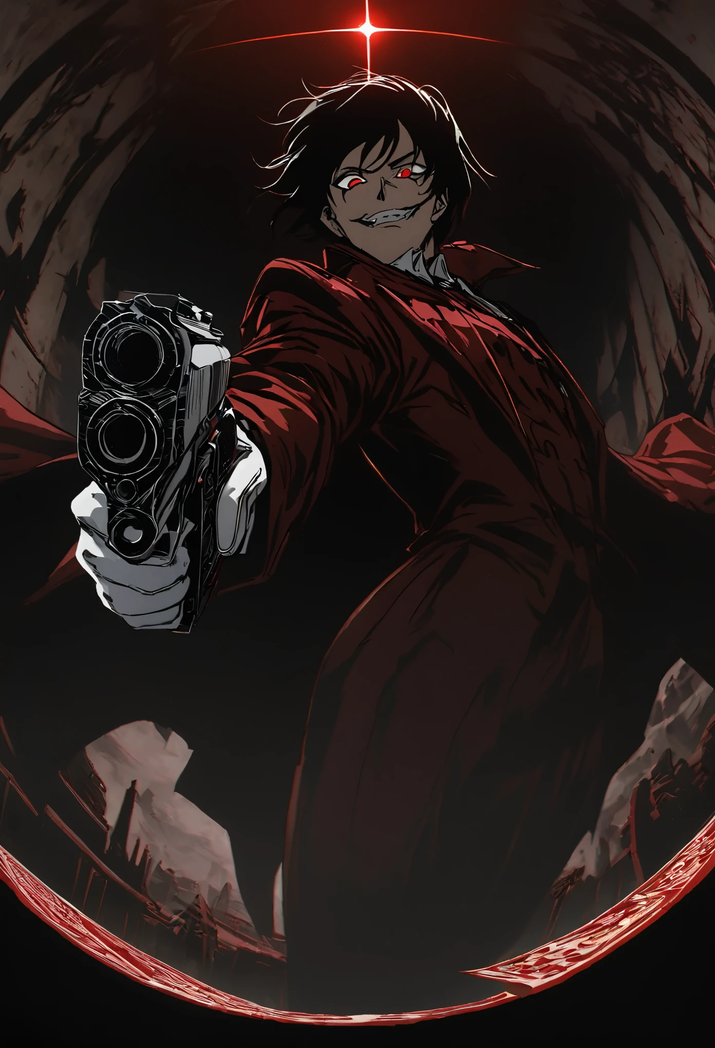 Alucard from "Hellsing" in close-up, in high quality.  Fisheye effect, focusing the image on the barrels of their distinctive engraved pistols, the Jackal and the Casull, pointing directly at the viewer.  The image shows his iconic red outfit in great detail, with the crimson coat fluttering slightly in the wind, and his white gloves with pentagrams clearly visible.  In the background, his face is clearly seen, with crimson eyes shining with malice and a cynical smile that reveals his sharp fangs.  The atmosphere is dark and oppressive, with high contrast to intensify his aura of terror.((dual weapons))