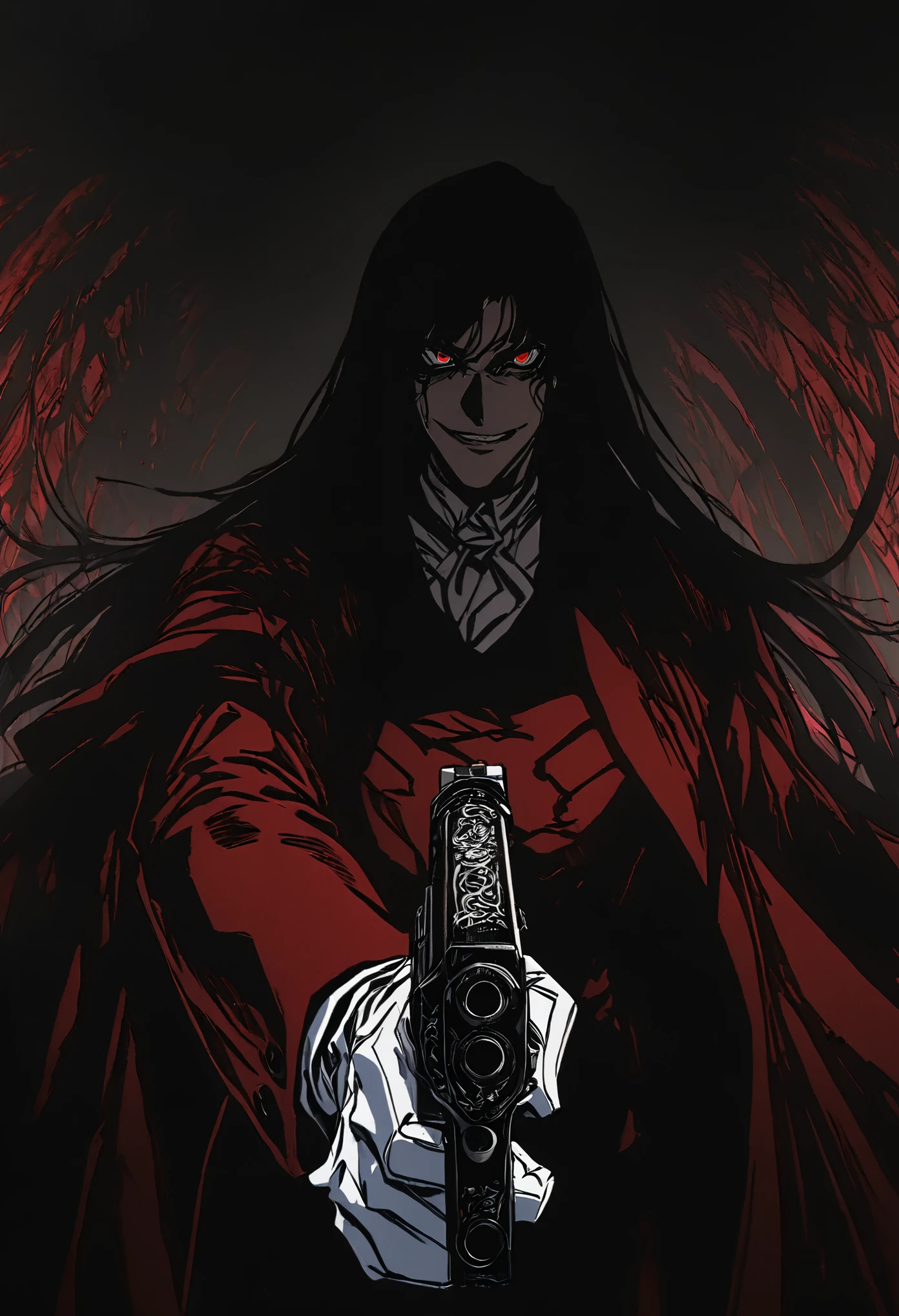 Alucard from "Hellsing" in close-up, in high quality.  Fisheye effect, focusing the image on the barrels of their distinctive engraved pistols, the Jackal and the Casull, pointing directly at the viewer.  The image shows his iconic red outfit in great detail, with the crimson coat fluttering slightly in the wind, and his white gloves with pentagrams clearly visible.  In the background, his face is clearly seen, with crimson eyes shining with malice and a cynical smile that reveals his sharp fangs.  The atmosphere is dark and oppressive, with high contrast to intensify his aura of terror.((dual weapons))