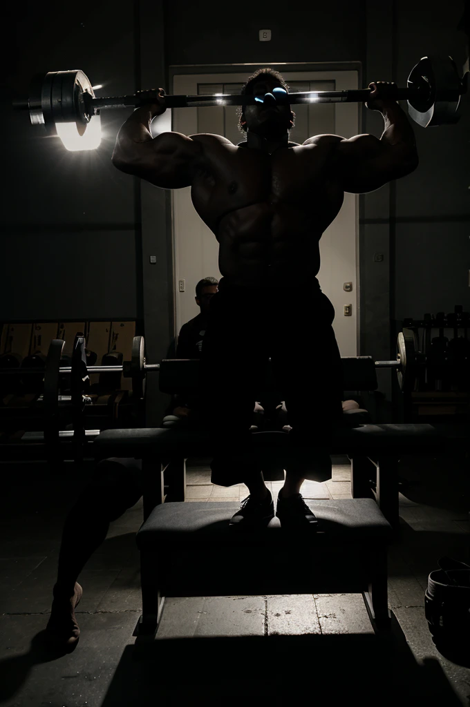 A dramatic black silhouette of a bodybuilder lifting a heavy barbell off their chest in a bench press,
their silhouette set against a dark background.