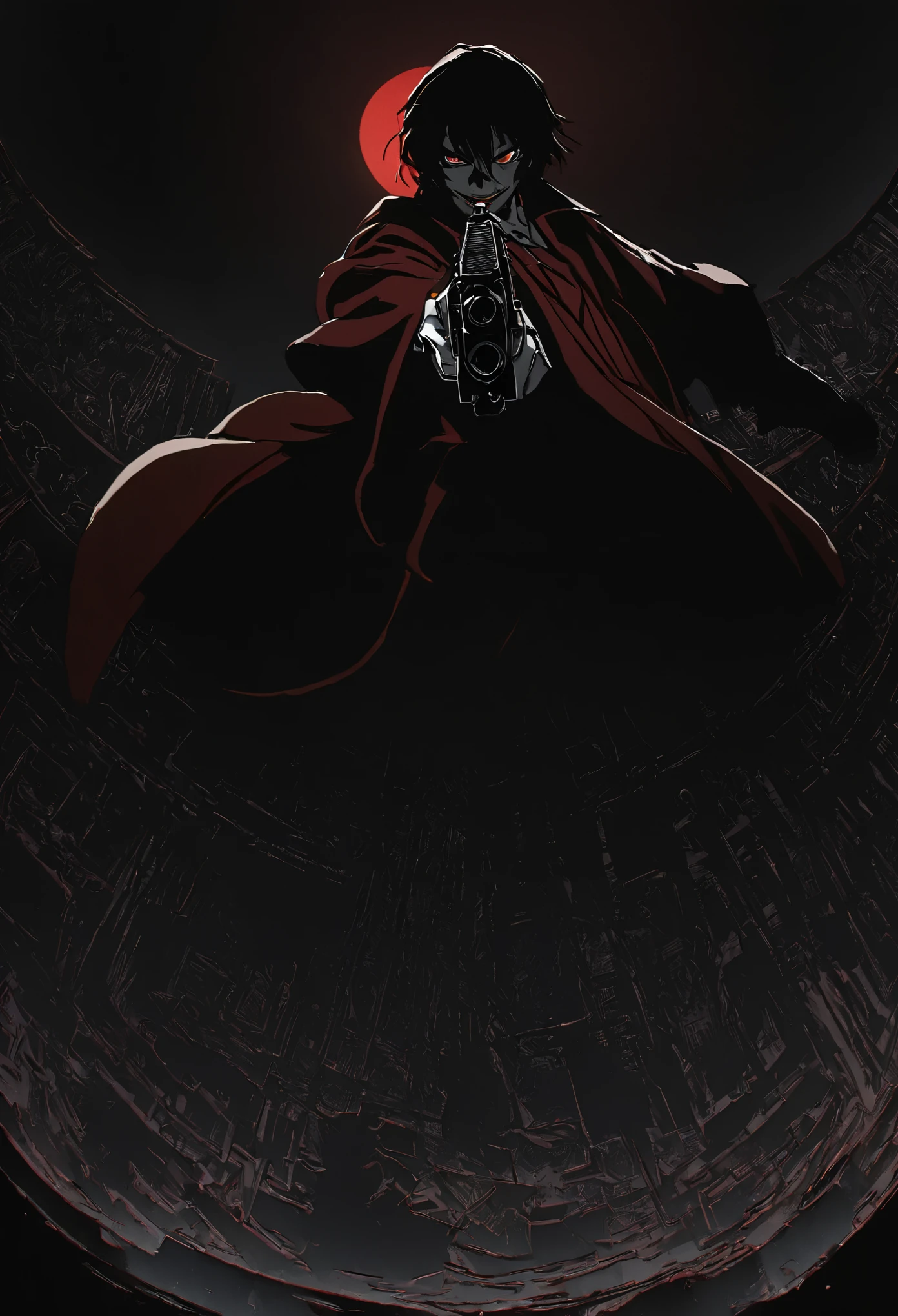 Alucard from "Hellsing" in close-up, in high quality.  Fisheye effect, focusing the image on the barrels of their distinctive engraved pistols, the Jackal and the Casull, pointing directly at the viewer.  The image shows his iconic red outfit in great detail, with the crimson coat fluttering slightly in the wind, and his white gloves with pentagrams clearly visible.  In the background, his face is clearly seen, with crimson eyes shining with malice and a cynical smile that reveals his sharp fangs.  The atmosphere is dark and oppressive, with high contrast to intensify his aura of terror.((dual weapons))