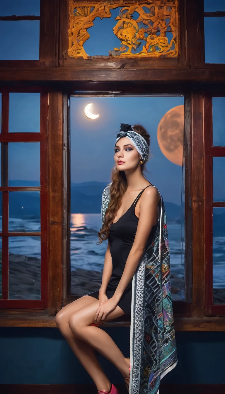 Fishnet lady uniform,   hieroglyphic mockup, colorful  flora scarf,  headband ,, , moon night, window, gorgeous attractive Russian model,  breathtaking,  amazing scene 