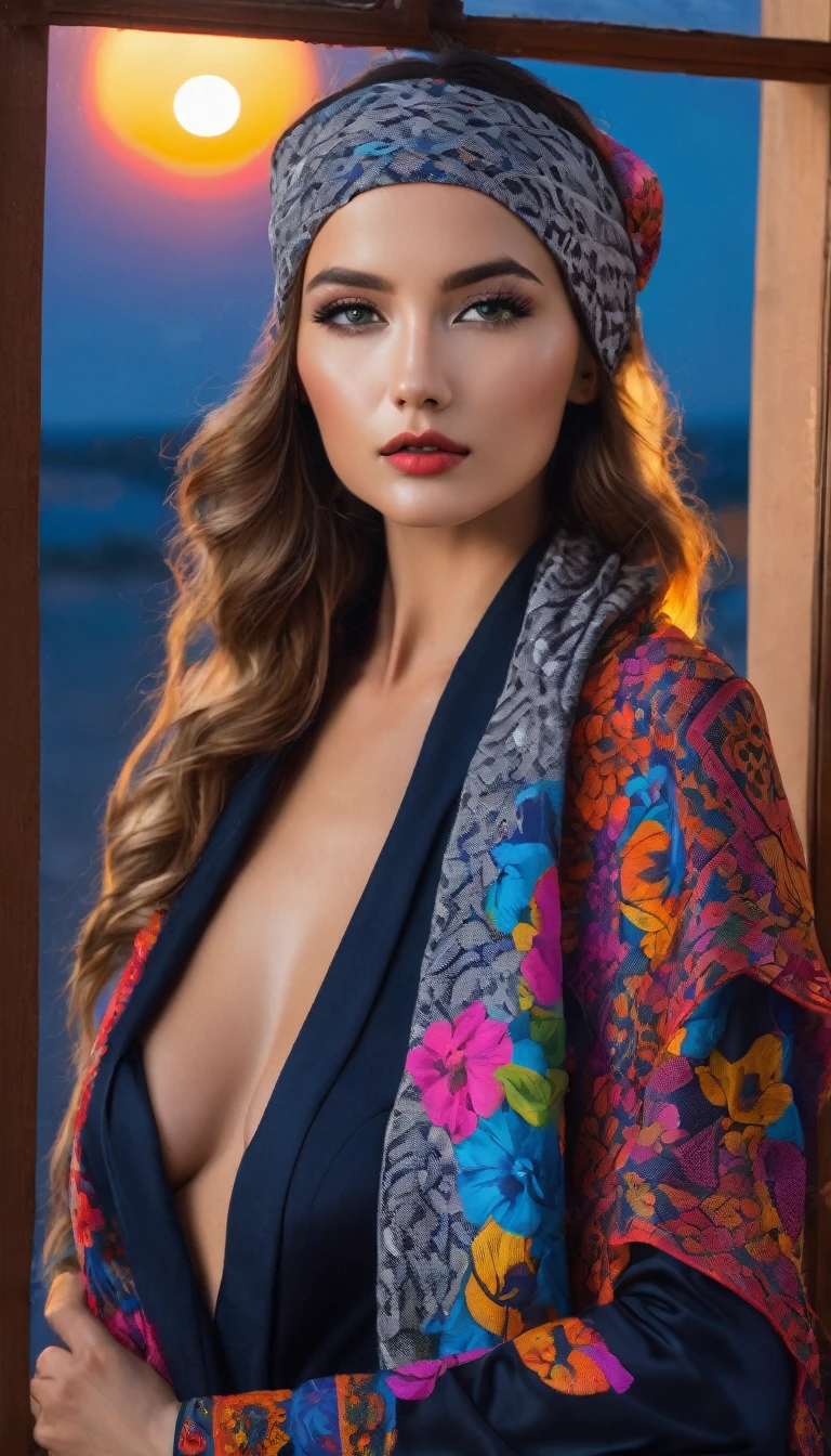 Fishnet lady uniform,   hieroglyphic mockup, colorful  flora scarf,  headband ,, , moon night, window, gorgeous attractive Russian model,  breathtaking,  amazing scene 