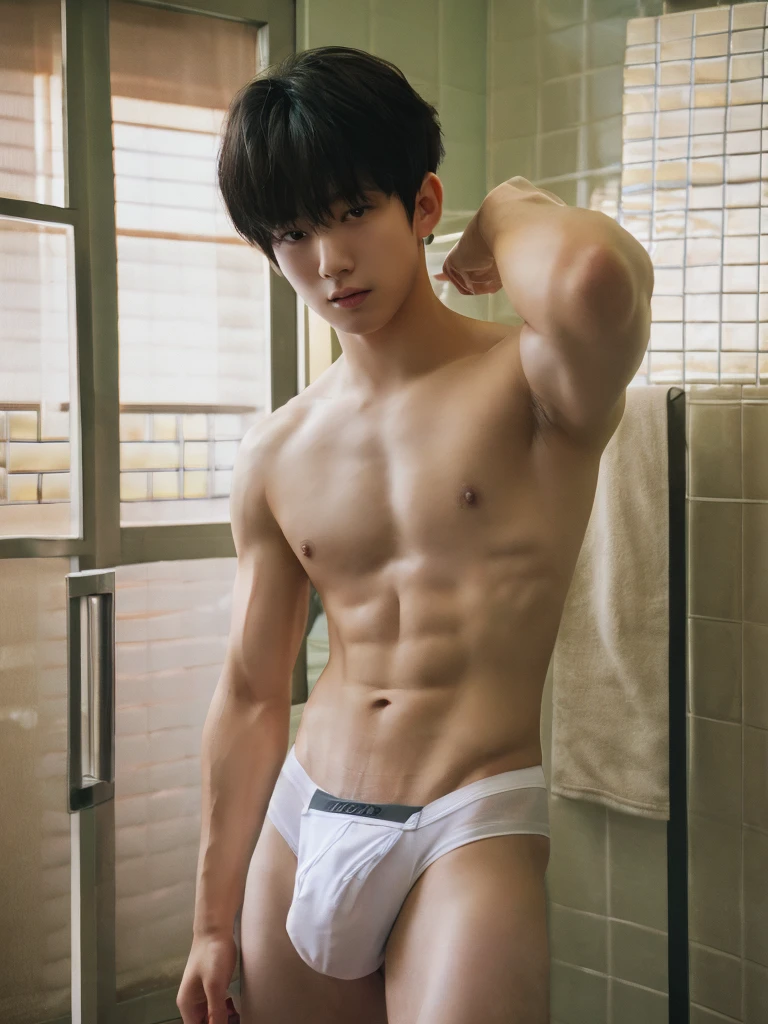 full body, 1 person, 18 year old, muscular man, korean, topless, wearing white jockstrap, sexy, soft light, Masterpiece, best quality, photo realistic, bathroom.