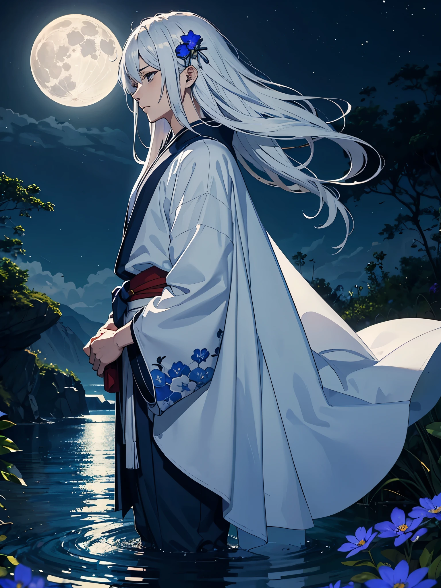 Kimono blau. Jünger. Blue Clothing. Lightening flowers. More anime. male. Blue flowers. Long hair. long white hair. aquatic, boy, God of the Moon, silver hair accessories, White hair, White dress, cape, at night.