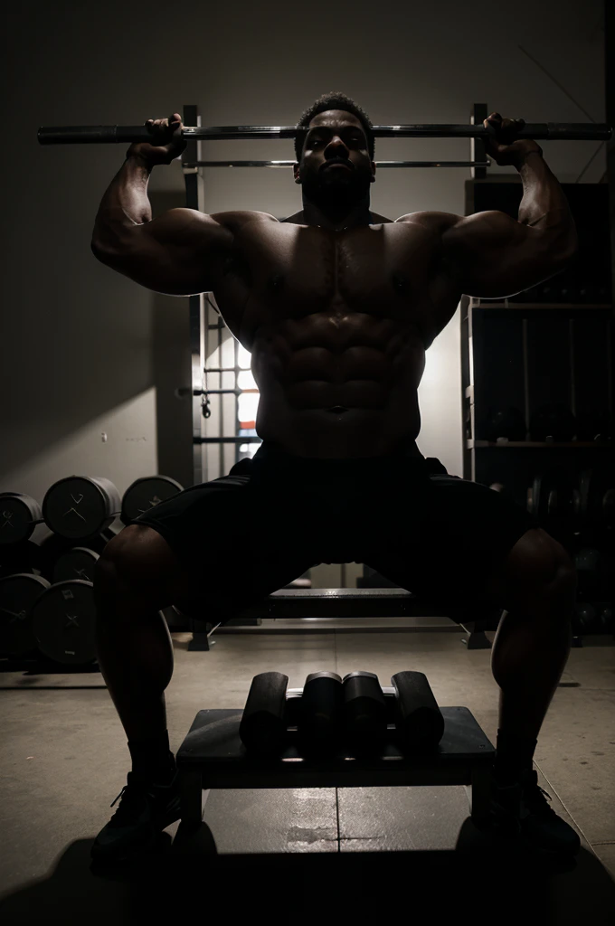 A dramatic black silhouette of a bodybuilder lifting a heavy barbell off their chest in a bench press,
their silhouette set against a dark background.