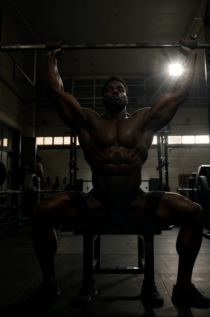 A dramatic black silhouette of a bodybuilder lifting a heavy barbell off their chest in a bench press,
their silhouette set against a dark background.