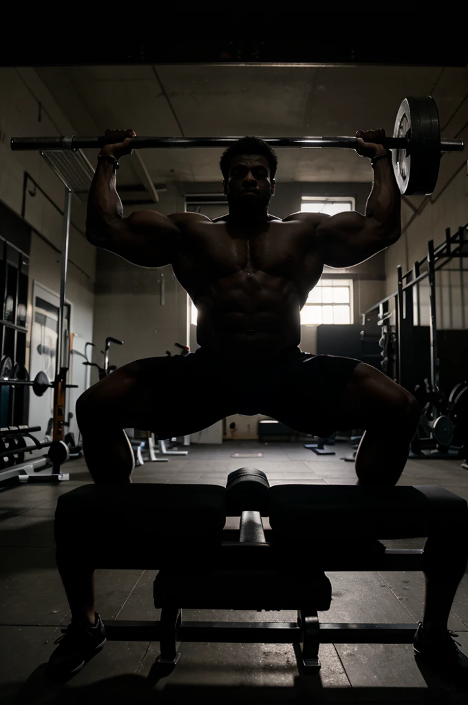 A dramatic black silhouette of a bodybuilder lifting a heavy barbell off their chest in a bench press,
their silhouette set against a dark background.