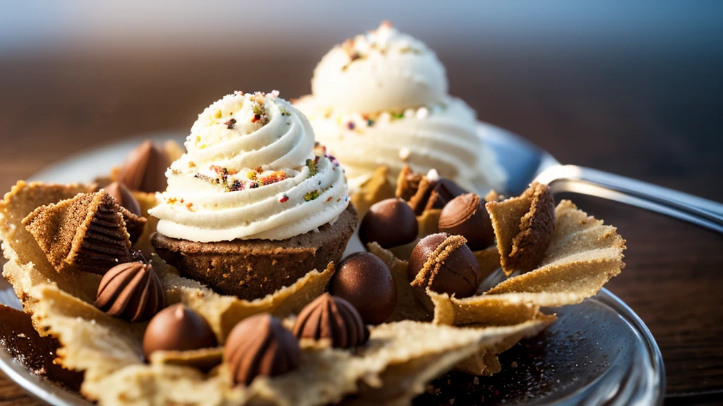 The image appears to be a highly realistic, detailed photograph likely taken by a professional food photographer. The composition centers around an ice cream dessert in mid-air, creating a dynamic and captivating visual. The subject is a scoop of vanilla ice cream topped with chocolate chips, sprinkles, and small nuts, resting on a half-shell cookie. The background is dark and blurred, enhancing the focus on the dessert, with crumbs and ice cream droplets floating around, suggesting motion. The close-up shot emphasizes texture and detail, making the dessert appear incredibly appetizing. The overall scene is artistically vibrant and mouth-watering.