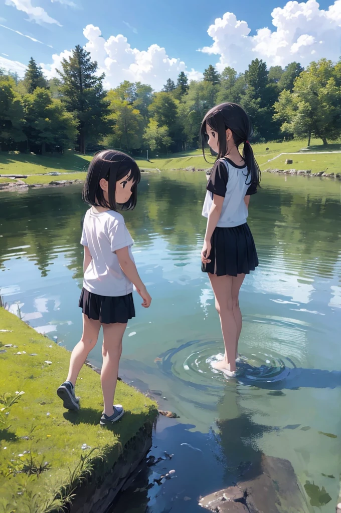 two children playing near a lake