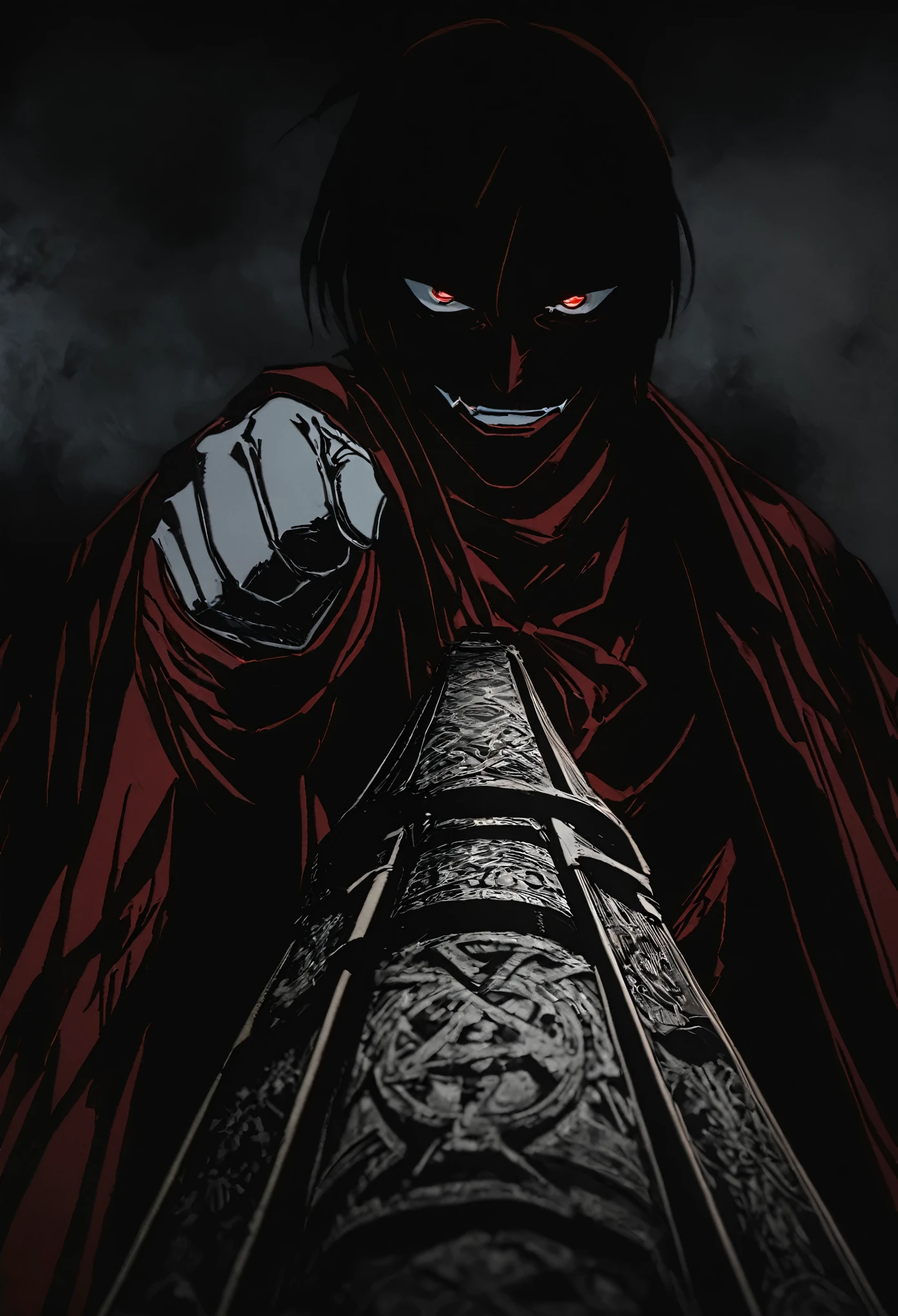 Alucard from "Hellsing" in close-up, in high quality.  Fisheye effect, focusing the image on the barrels of their distinctive engraved pistols, the Jackal and the Casull, pointing directly at the viewer.  The image shows his iconic red outfit in great detail, with the crimson coat fluttering slightly in the wind, and his white gloves with pentagrams clearly visible.  In the background, his face is clearly seen, with crimson eyes shining with malice and a cynical smile that reveals his sharp fangs.  The atmosphere is dark and oppressive, with high contrast to intensify his aura of terror.((dual weapons))