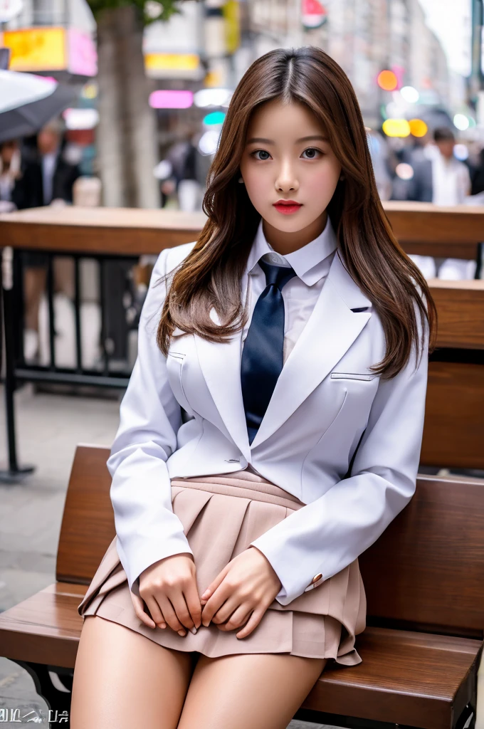 a 17 year old girl, she is the most beautiful actress in the world, the perfect body proportions of this girl, the blazer is appropriately buttoned up on the formal shirt above the short skirt, indirect bulge of her clothed large breasts, detaled genitalia between the opened legs of this girl who is sitting on the bench, her anus below her vagina between her opened legs, it's just the front of her body, it's just one description, her feet of her opened legs are both apart, at the street, nsfw, best quality, highly detailed, masterpiece, ultra high res, photo realistic, 8k, RAW photo