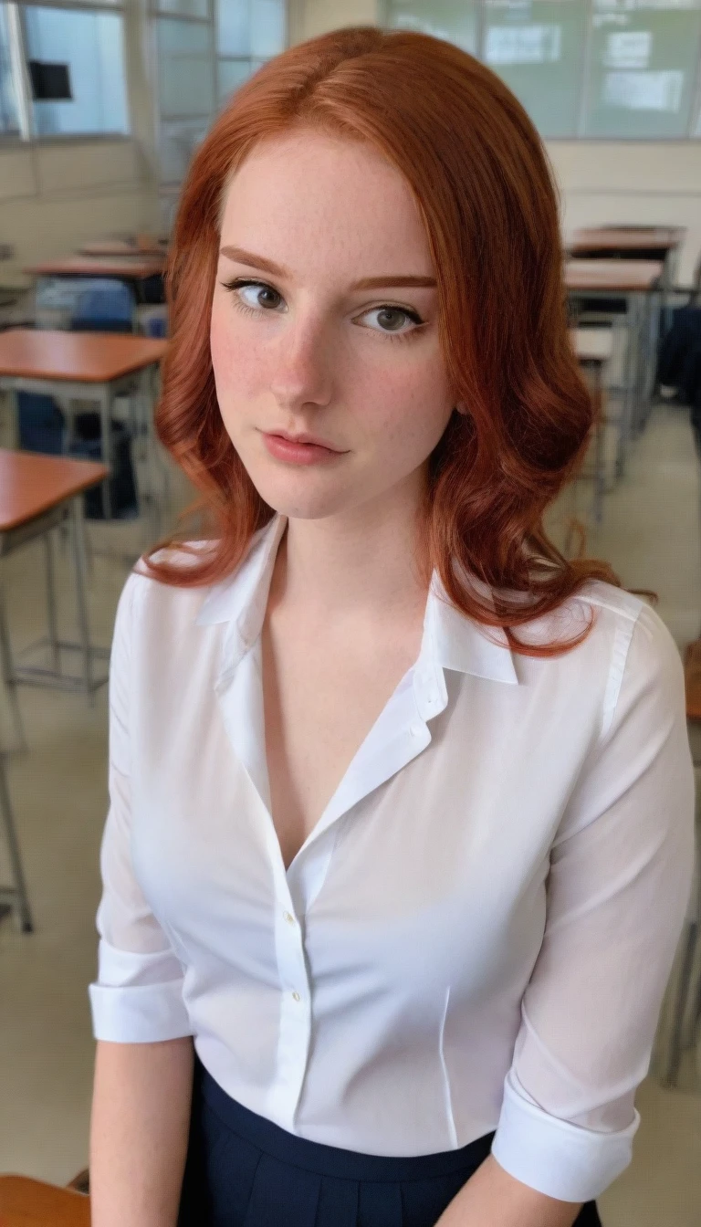 photo by Lilu Canela, 17 years old, wide, annoyed, shirt, deep neckline, Open mouth, white shirt, Upper part of the body, inside, Red hair, sexy, realist, body freckles, colegiala annoyed, background school classroom 