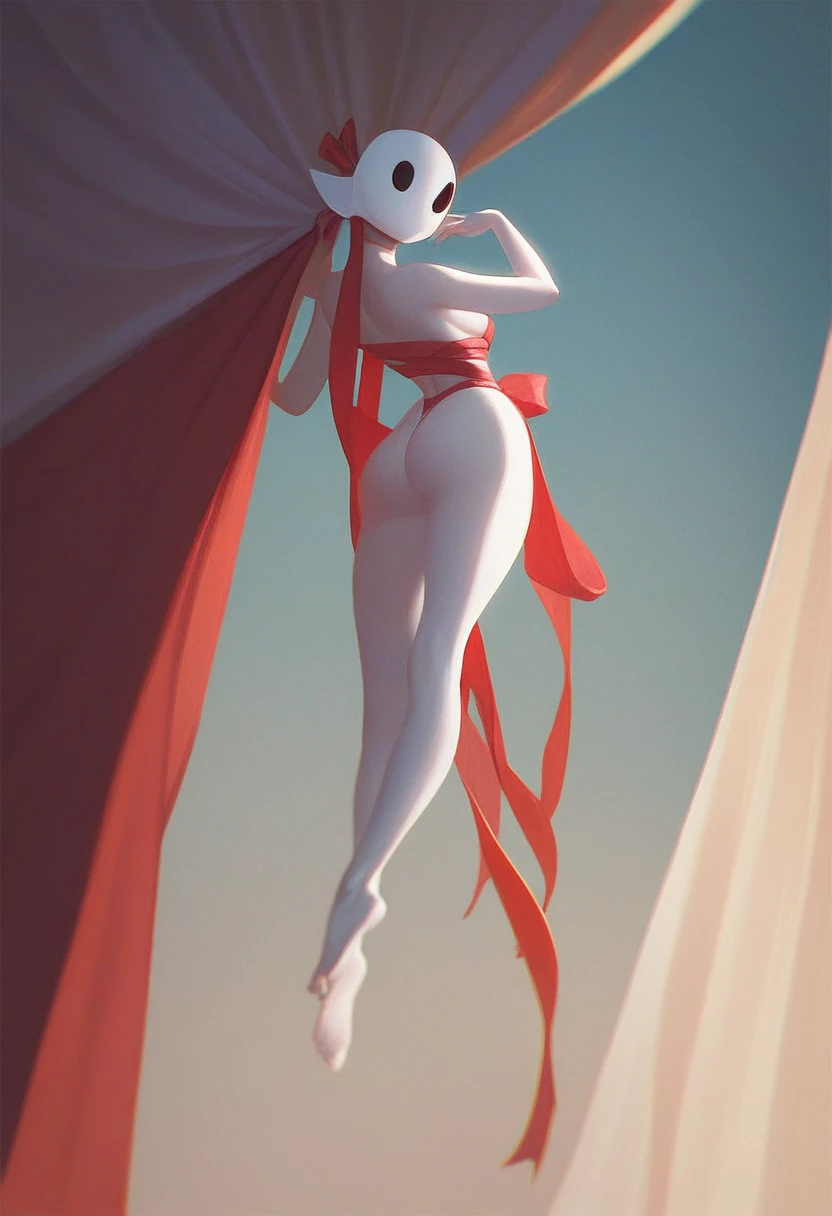 gangle, solo, black eyes, ribbon, red ribbon, no humans, white mask, curtains, female, full body, source, humanoid, source, red ribbons on body,, floating