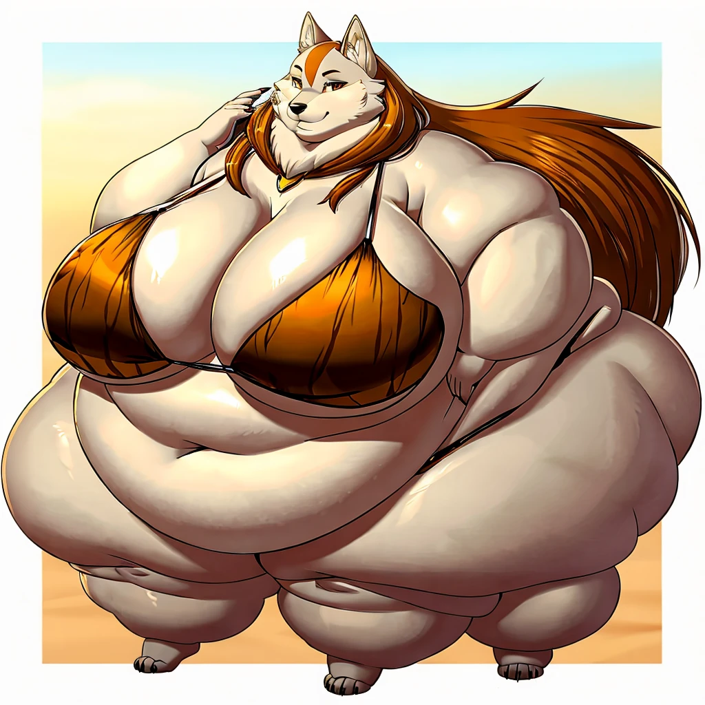 Wolf, female, long hair l, fat arms, fat legs, fat neck l, morbidly obese, huge belly,bikibi, amber and white fur, amber eyes ,huge , huge hips, huge thighs , bikini