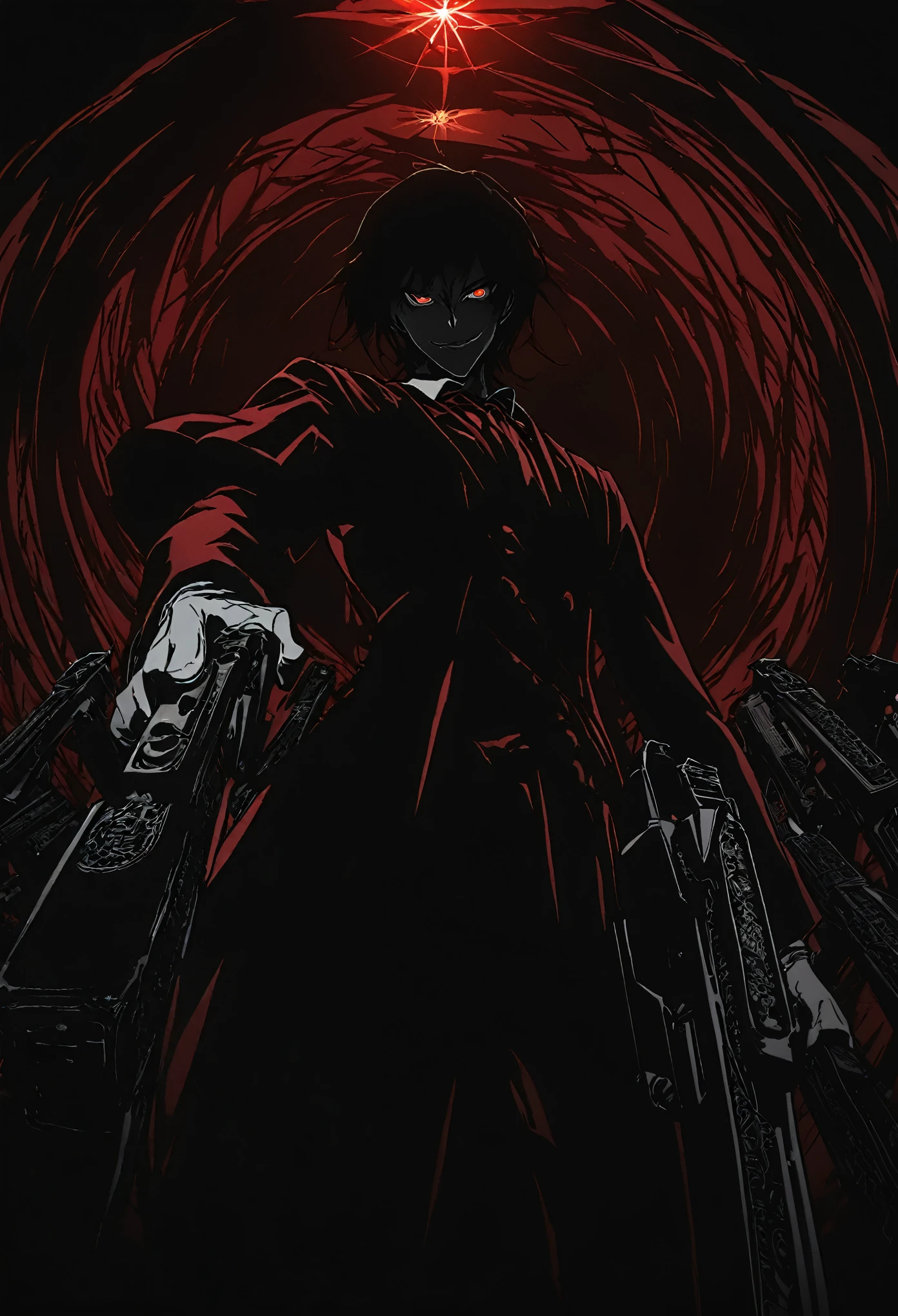 Alucard from "Hellsing" in close-up, in high quality.  Fisheye effect, focusing the image on the barrels of their distinctive engraved pistols, the Jackal and the Casull, pointing directly at the viewer.  The image shows his iconic red outfit in great detail, with the crimson coat fluttering slightly in the wind, and his white gloves with pentagrams clearly visible.  In the background, his face is clearly seen, with crimson eyes shining with malice and a cynical smile that reveals his sharp fangs.  The atmosphere is dark and oppressive, with high contrast to intensify his aura of terror.((dual weapons))