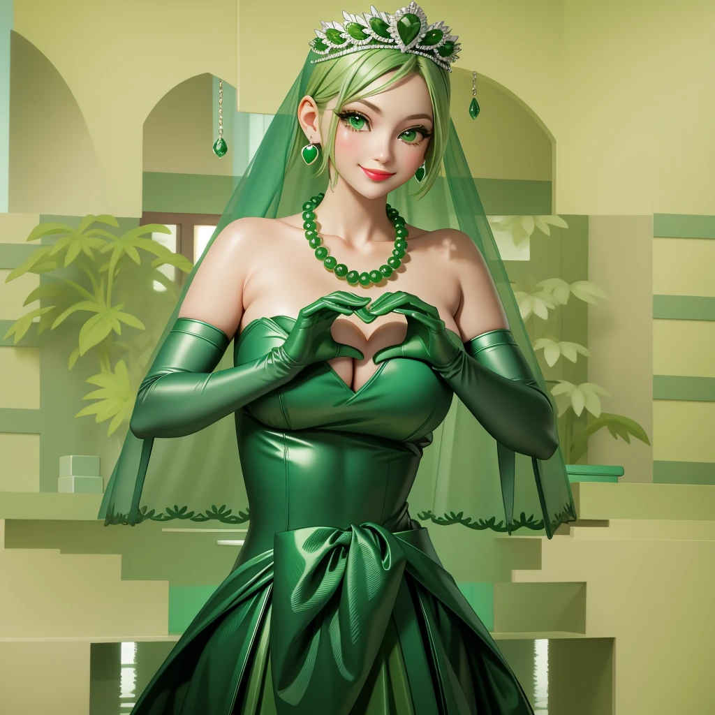 Emerald tiara, Green Pearl Necklace, ボーイッシュな非常に短いGreen Hair, Green Lips, Smiling Japanese woman, Very short hair, Busty beautiful lady, Green Eyes, Green satin long gloves, Green Eyes, Emerald Earrings, Green veil, Heart with both hands, Green Hair, Beautiful Japanese Woman, Heart shaped hands:1.3, green lip gloss