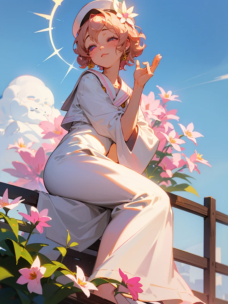 Buddha, halo, white sailor dress, sitting on a fence, blue sky, pink eyes, short curly blonde hair, flower hat, eyes closed