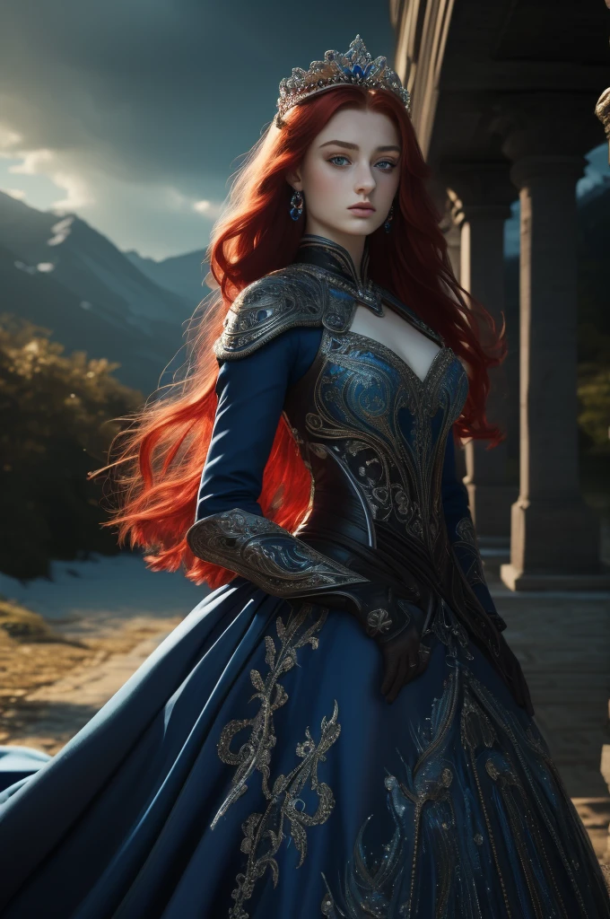 16 year old Sophie Turner, ultra detailed face, ultra detailed blue eyes, long red hair, (dress, long skirt), tiara, winter, (((masterpiece)))