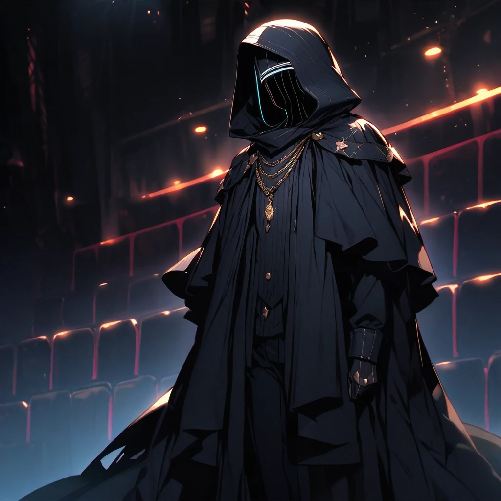 (Well done:1) long, straight black hair that covers one of the eyes, white eyes, necklace, black cape that covers a large part of the body with a hood, black pants, black shoes. on the stage of a theater