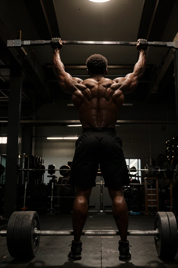 An intense black silhouette of a bodybuilder deadlifting a massive weight from the ground, their back straight and their determination radiating from the image.