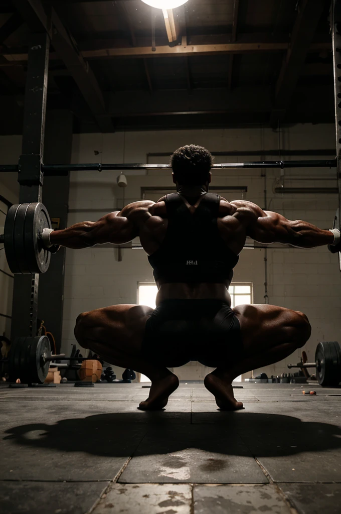 An intense black silhouette of a bodybuilder deadlifting a massive weight from the ground, their back straight and their determination radiating from the image.